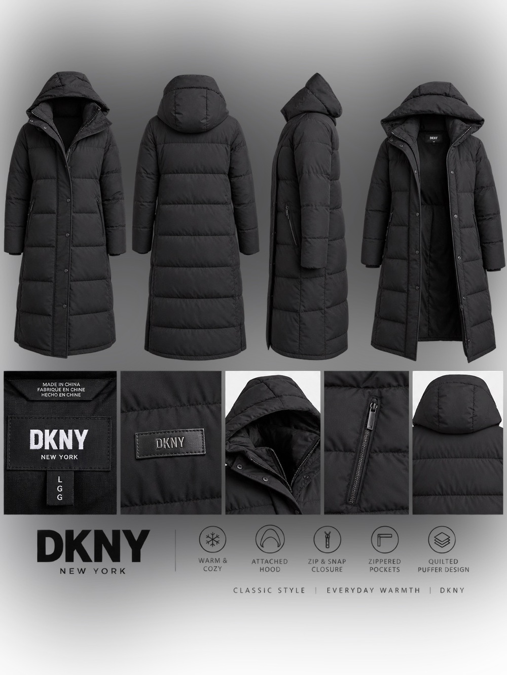 DKNY Black Long Hooded Puffer Coat